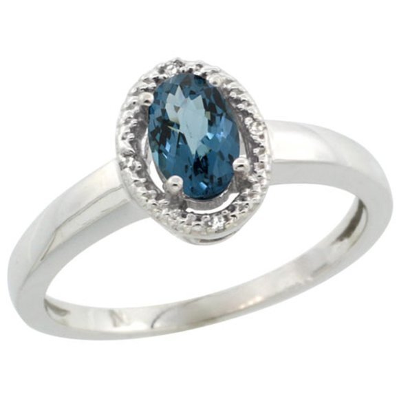 Sterling Silver Diamond Halo Natural London Blue Topaz Ring Oval 6x4 Mm